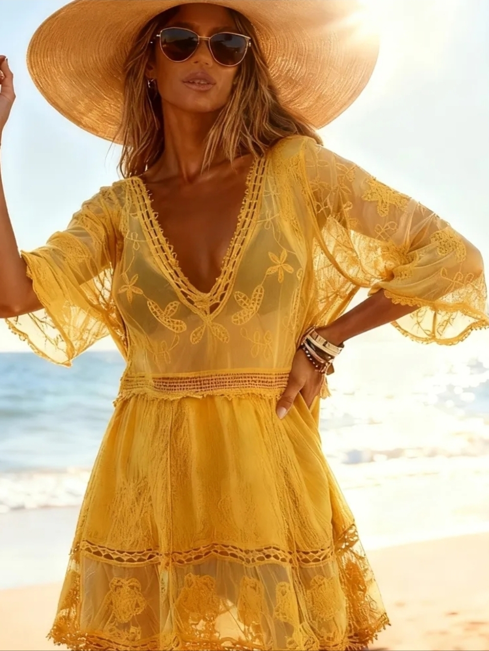 NEW Boho Embroidered Lace Cover Up Tunic Top Dress Sheer Mesh Floral Yellow - Picture 2 of 8